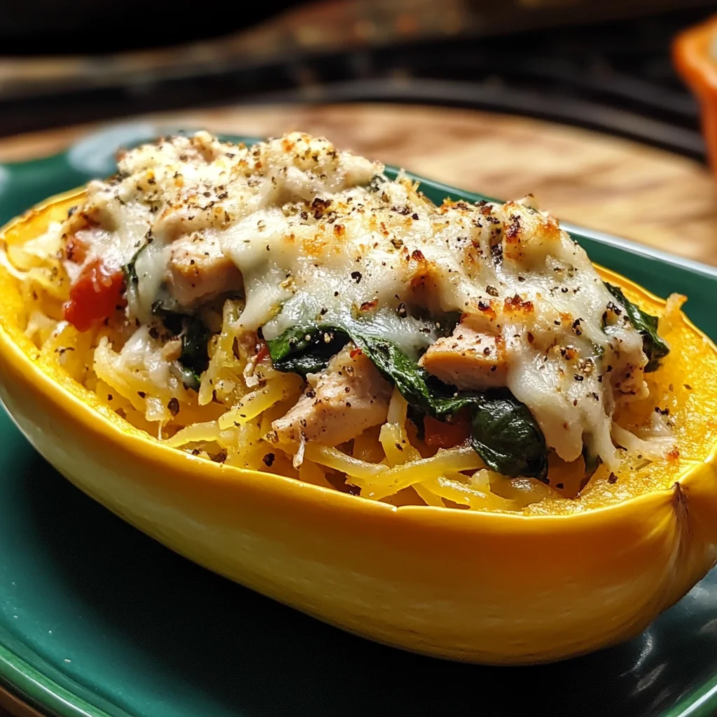 Garlic Parmesan Stuffed Spaghetti Squash with Chicken and Spinach