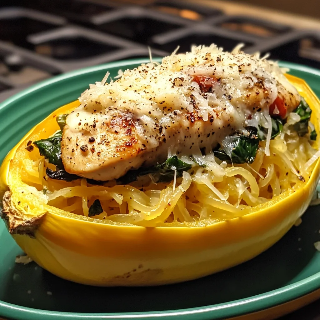Garlic Parmesan Stuffed Spaghetti Squash with Chicken and Spinach