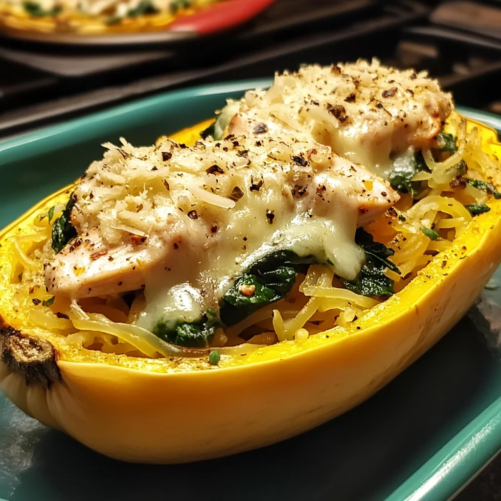 Garlic Parmesan Stuffed Spaghetti Squash with Chicken and Spinach