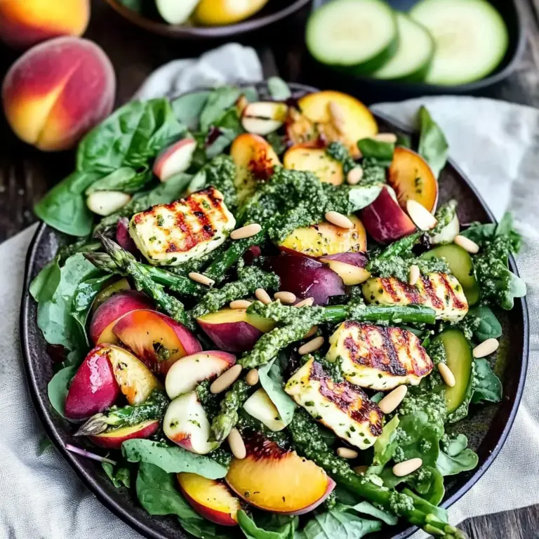 Griddled Halloumi and Peach Salad with Homemade Lemon Pesto