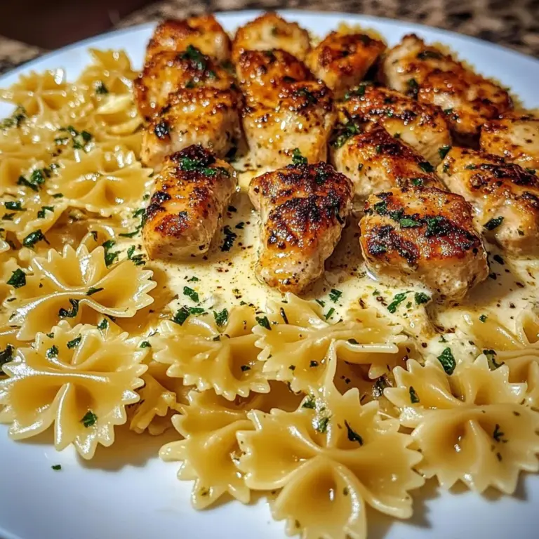 Creamy Alfredo Bowtie Pasta with Garlic Chicken Bites