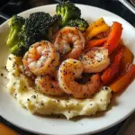 Garlic Butter Shrimp with Sautéed Veggies & Creamy Mashed Potatoes