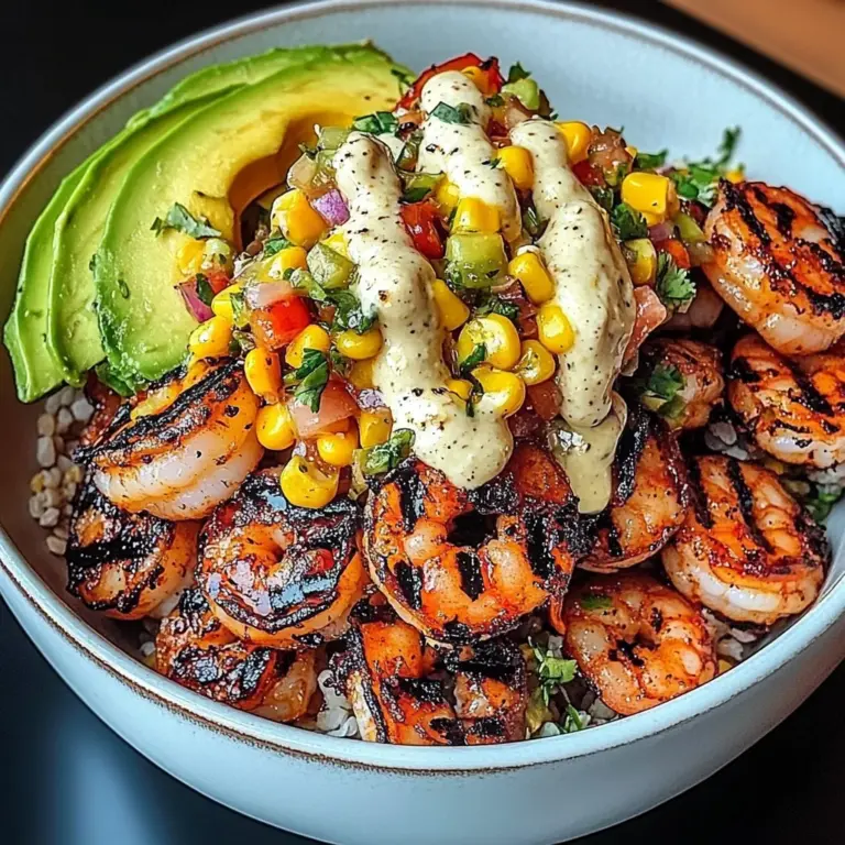Grilled Shrimp Bowl with Avocado, Corn Salsa & Creamy Garlic Sauce