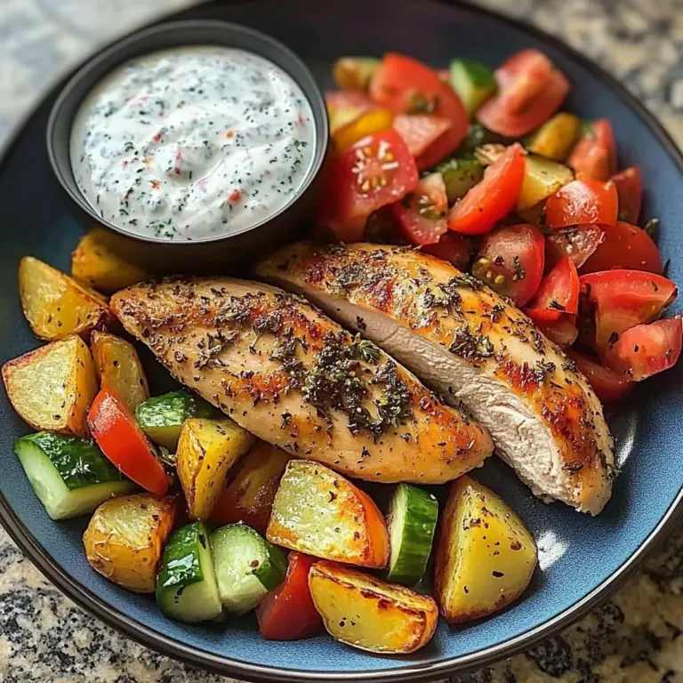 Herb Chicken with Roasted Potatoes, Tomato Salad & Yogurt Dip