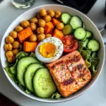 Omega Bowl: Salmon, Jammy Egg & Greens with Chickpeas & Sweet Potato