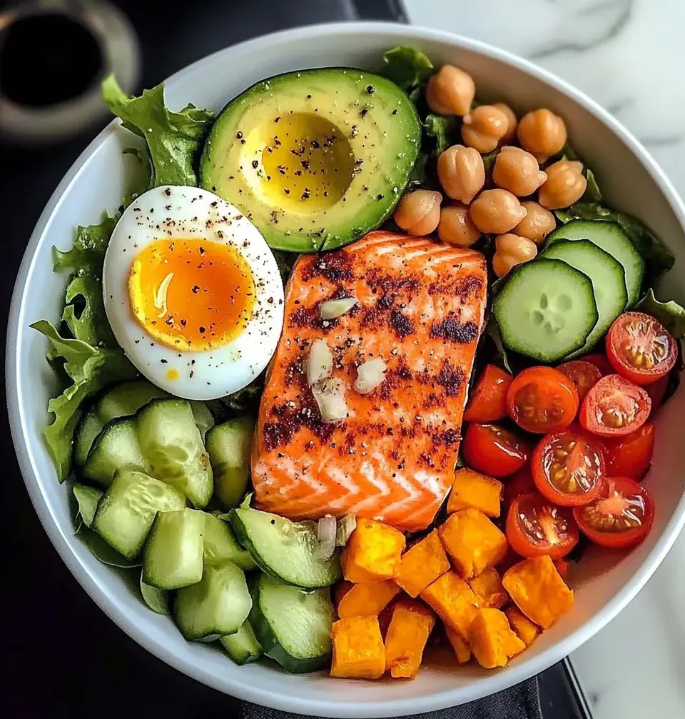 Omega Bowl: Salmon, Jammy Egg & Greens with Chickpeas & Sweet Potato