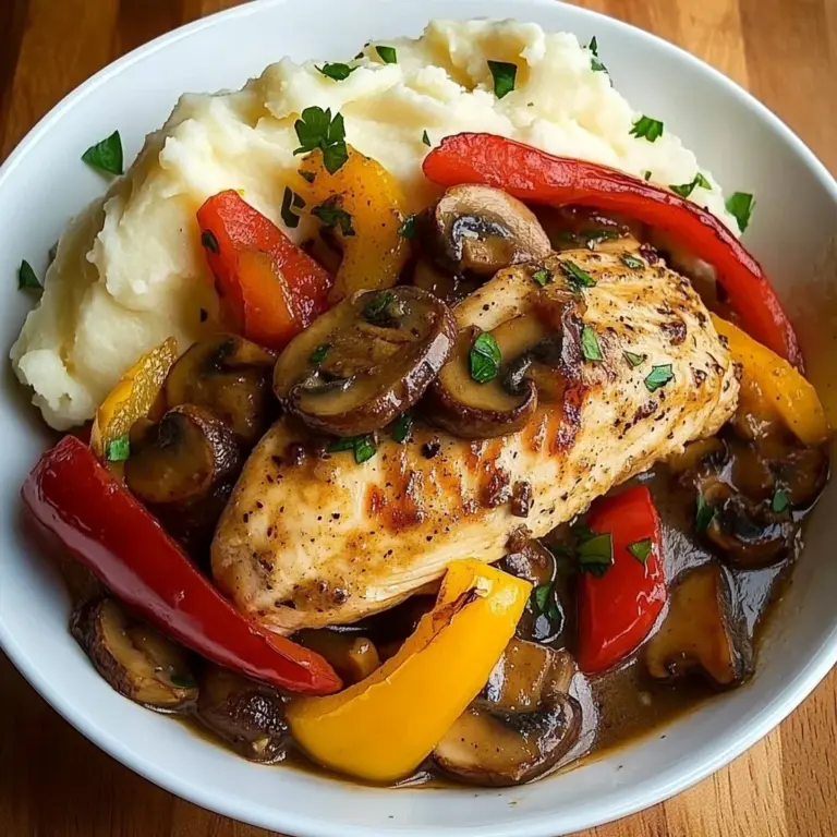 Pan-Seared Chicken with Pepper & Mushroom Gravy and Creamy Mashed Potatoes
