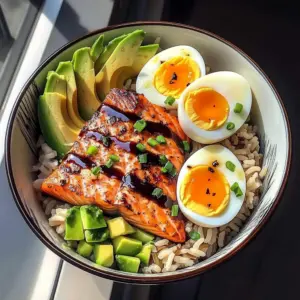 Salmon, Brown Rice & Soft-Boiled Egg Bowl with Avocado
