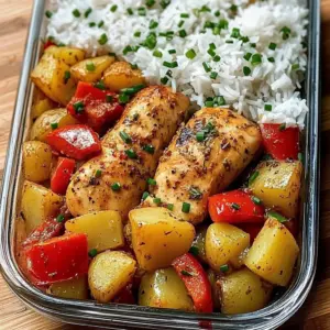Savory Herb Chicken with Roasted Potatoes, Bell Peppers & Steamed Rice