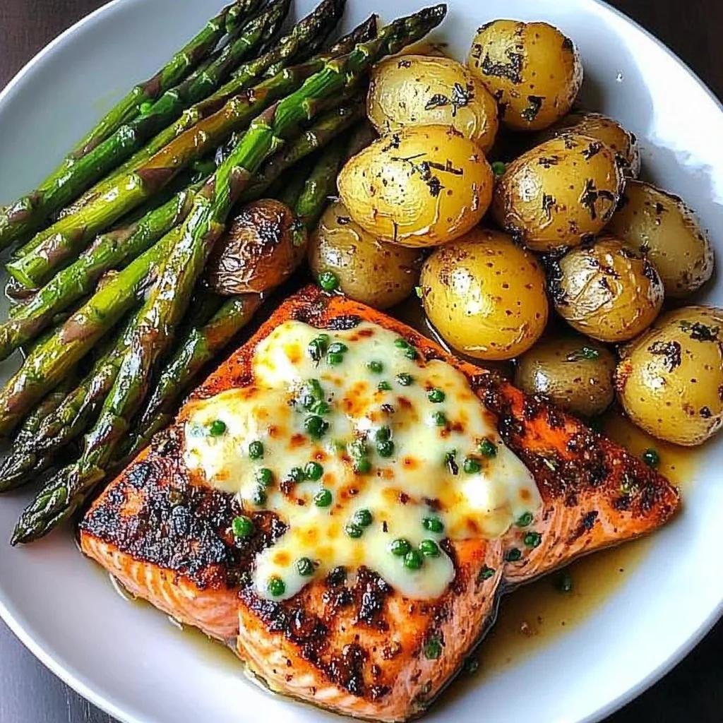 Spiced Salmon with Cheesy Asparagus & Garlic Herb Potatoes