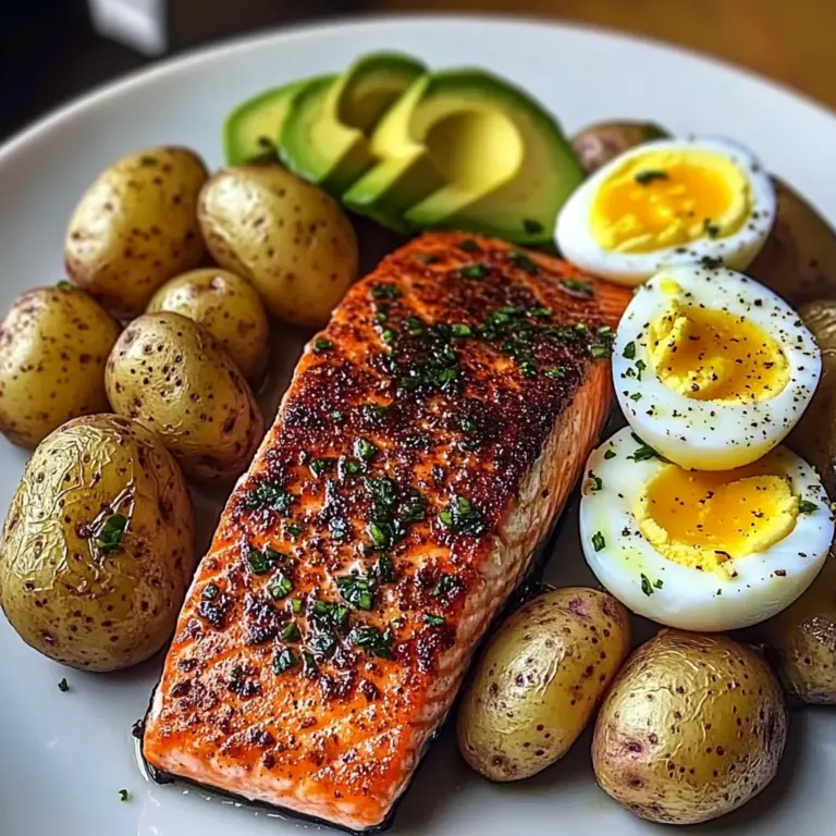 Spiced Salmon with Garlic Herb Potatoes, Avocado & Soft-Boiled Eggs