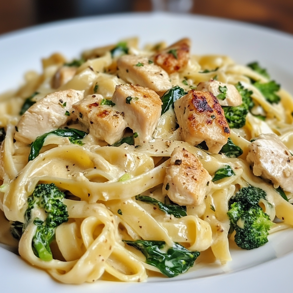 Chicken, Turkey Bacon & Spinach Alfredo Fettuccine with Broccoli