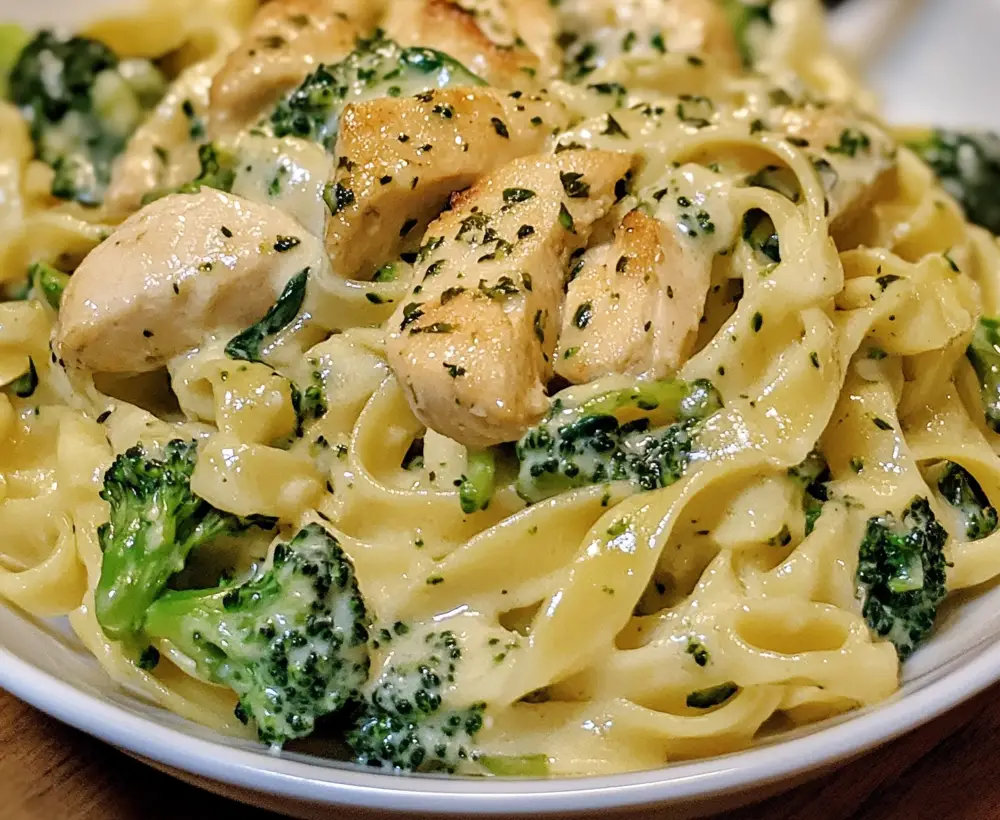 Chicken, Turkey Bacon & Spinach Alfredo Fettuccine with Broccoli