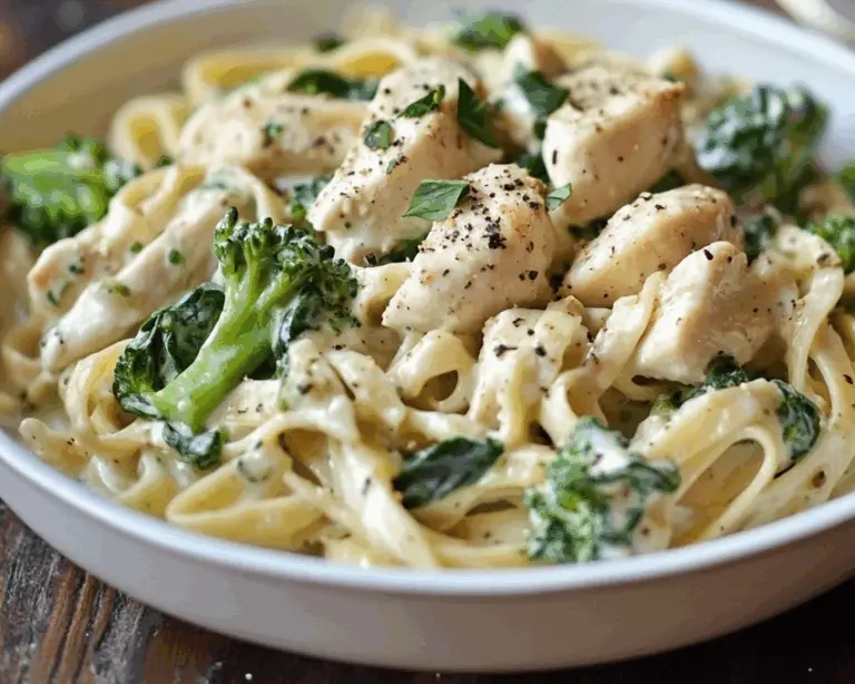 Chicken, Turkey Bacon & Spinach Alfredo Fettuccine with Broccoli