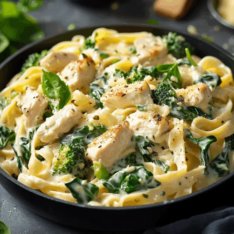 Creamy Chicken Alfredo with Turkey Bacon, Spinach & Broccoli