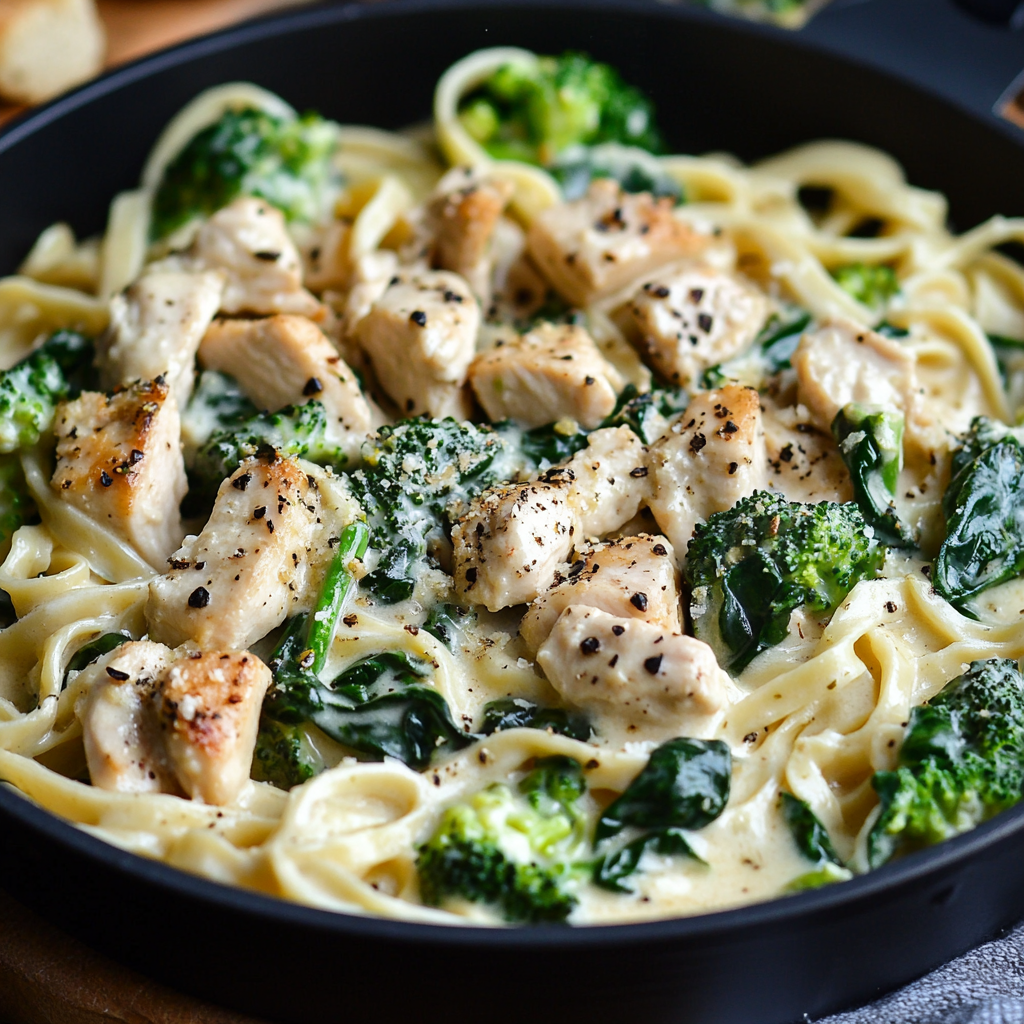 Creamy Chicken Alfredo with Turkey Bacon, Spinach & Broccoli
