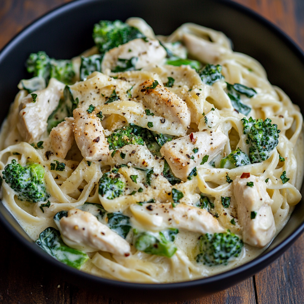 Creamy Chicken Alfredo with Turkey Bacon, Spinach & Broccoli