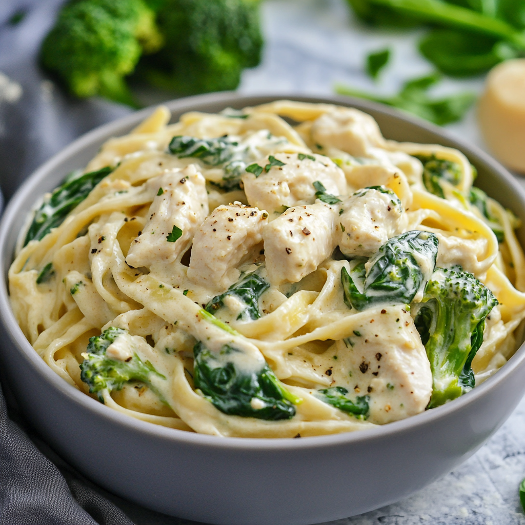 Creamy Chicken Turkey Bacon Spinach Fettuccine with Broccoli