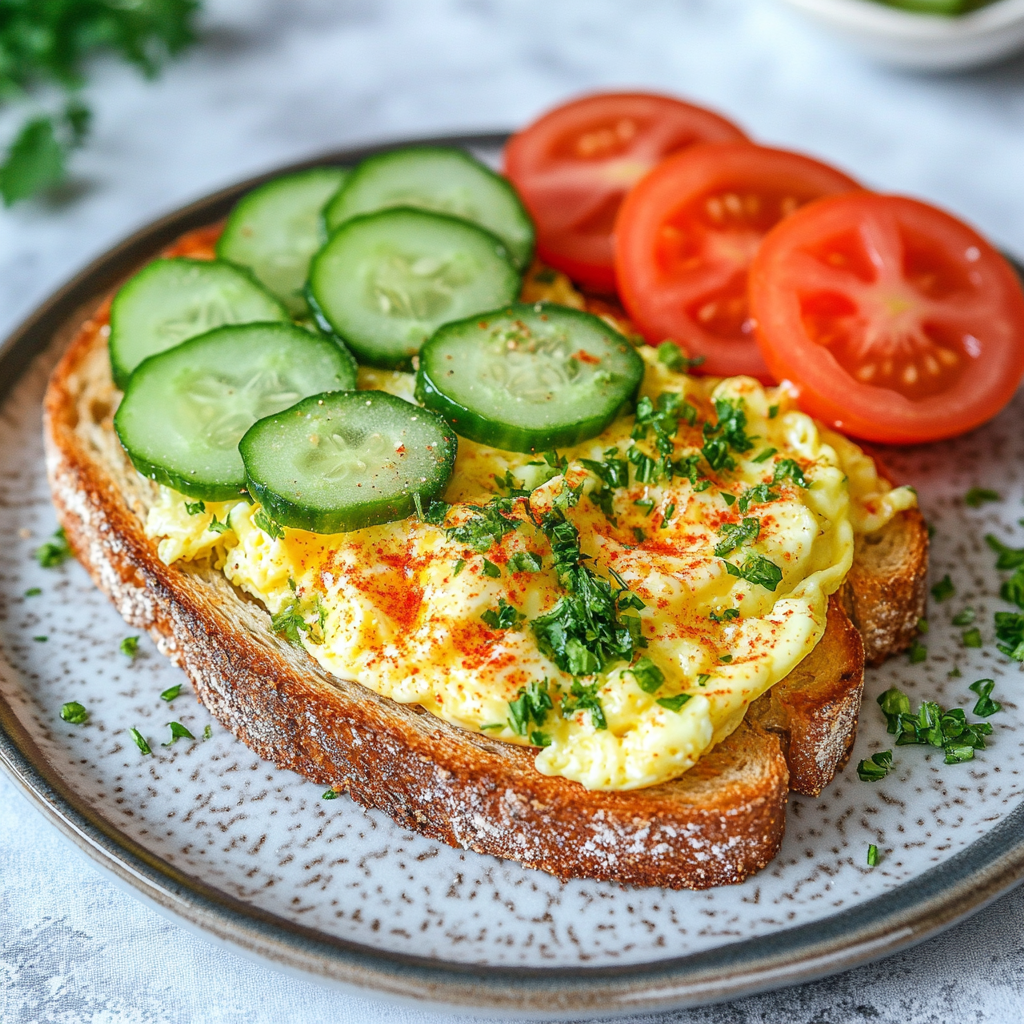 Creamy Scrambled Egg Toast with Fresh Cucumber & Tomato Slices