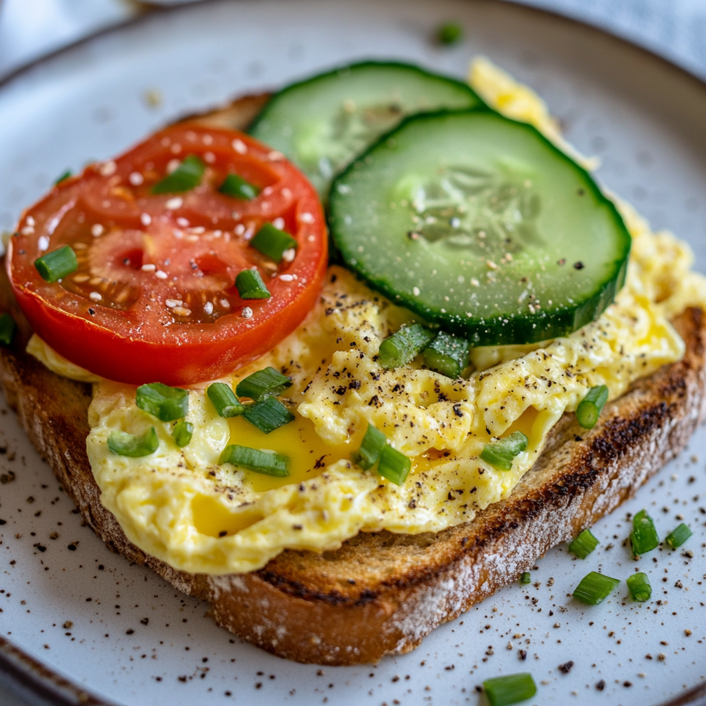 Creamy Scrambled Egg Toast with Fresh Cucumber & Tomato Slices