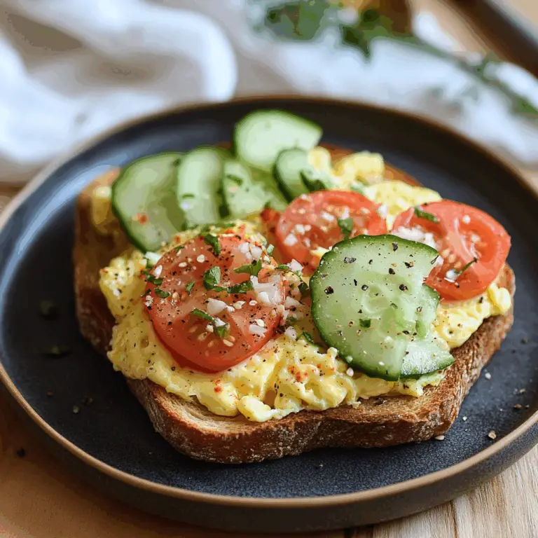 Creamy Scrambled Egg Toast with Fresh Cucumber & Tomato Slices