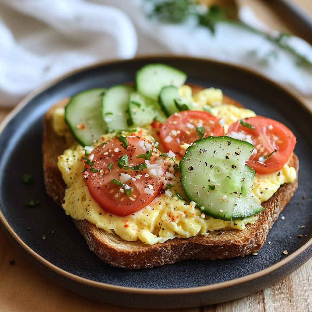 Creamy Scrambled Egg Toast with Fresh Cucumber & Tomato Slices