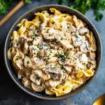 Creamy Slow Cooker Chicken Turkey Bacon Stroganoff with Mushrooms & Herbed Noodles