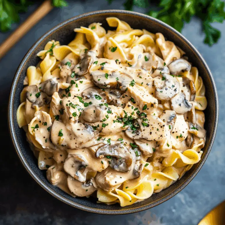 Creamy Slow Cooker Chicken Turkey Bacon Stroganoff with Mushrooms & Herbed Noodles
