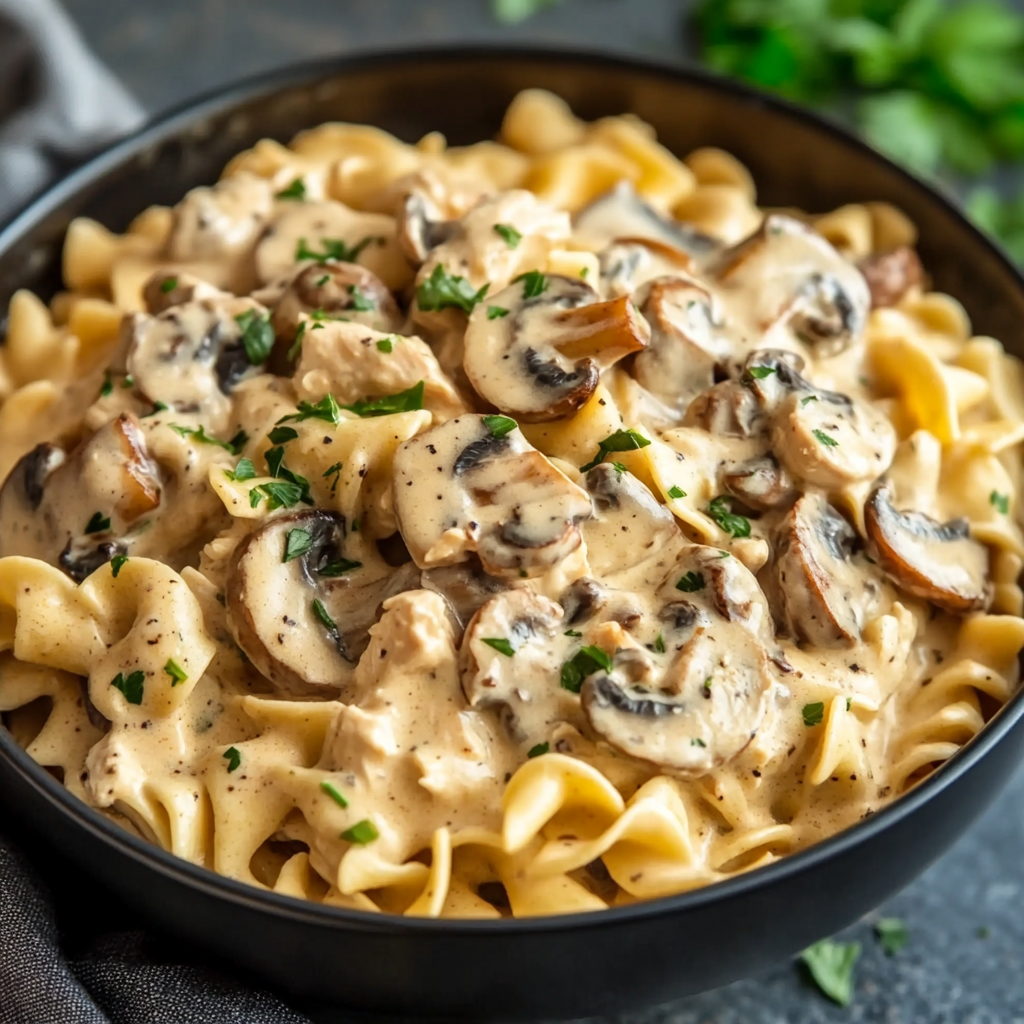 Creamy Slow Cooker Chicken Turkey Bacon Stroganoff with Mushrooms & Herbed Noodles