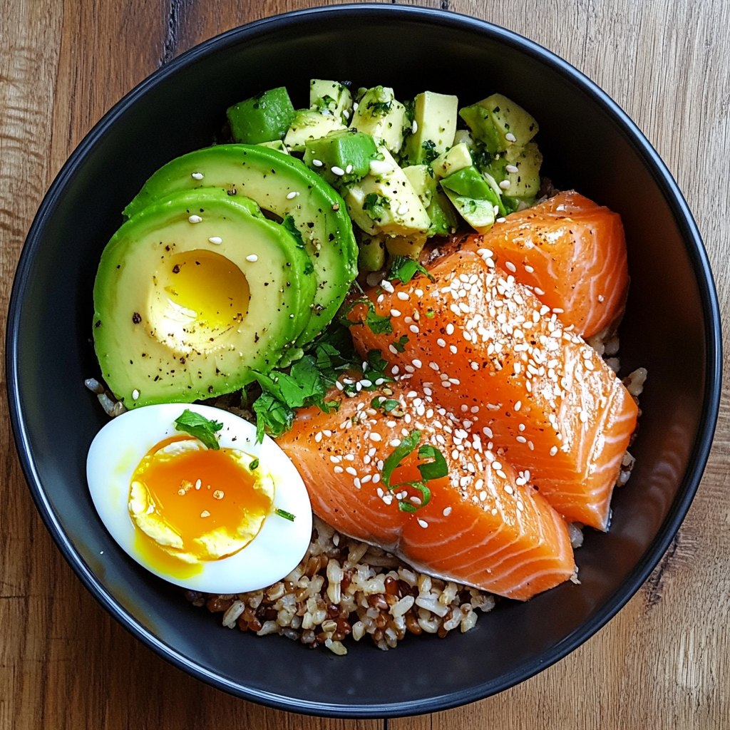 Salmon, Brown Rice & Soft-Boiled Egg Bowl with Avocado