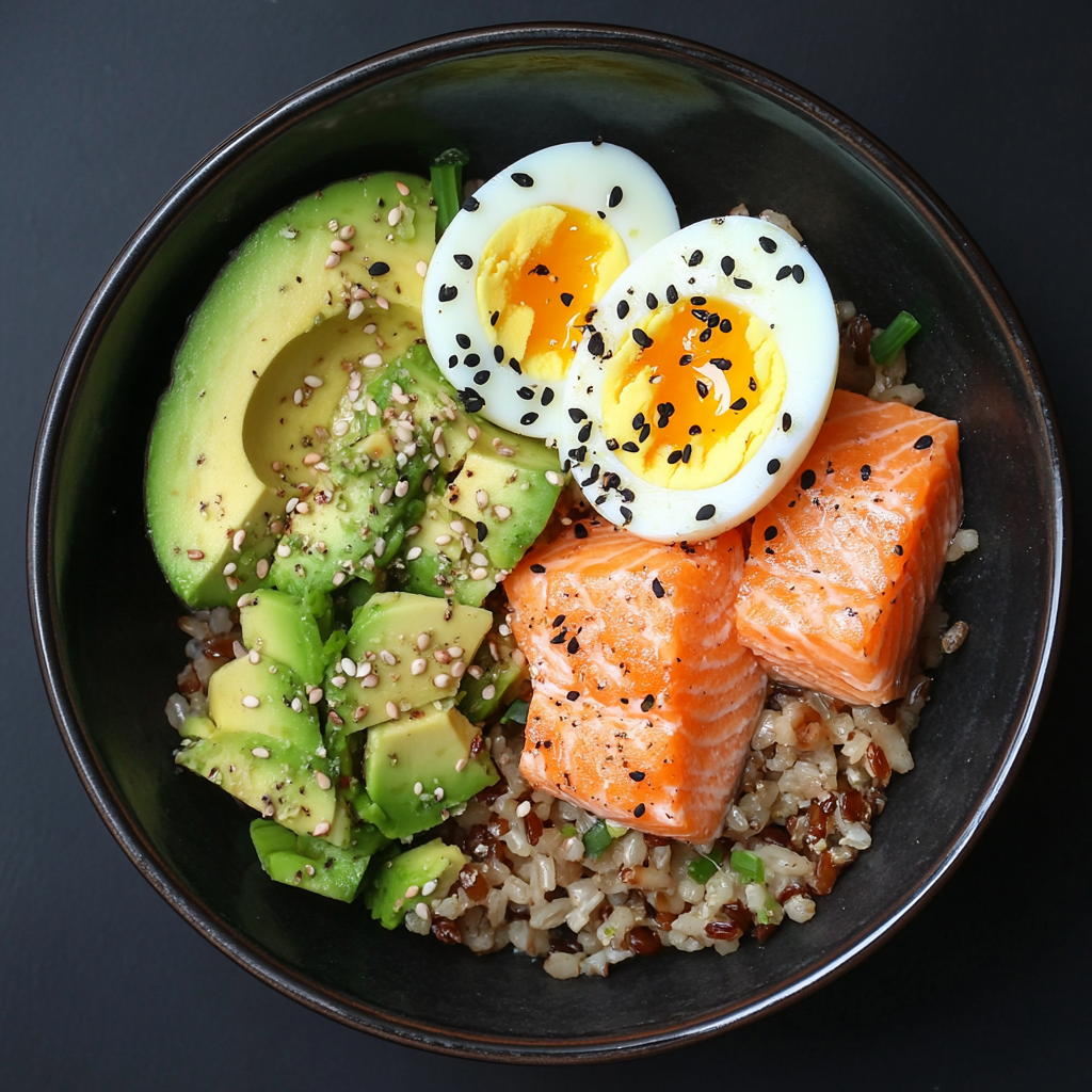 Salmon, Brown Rice & Soft-Boiled Egg Bowl with Avocado