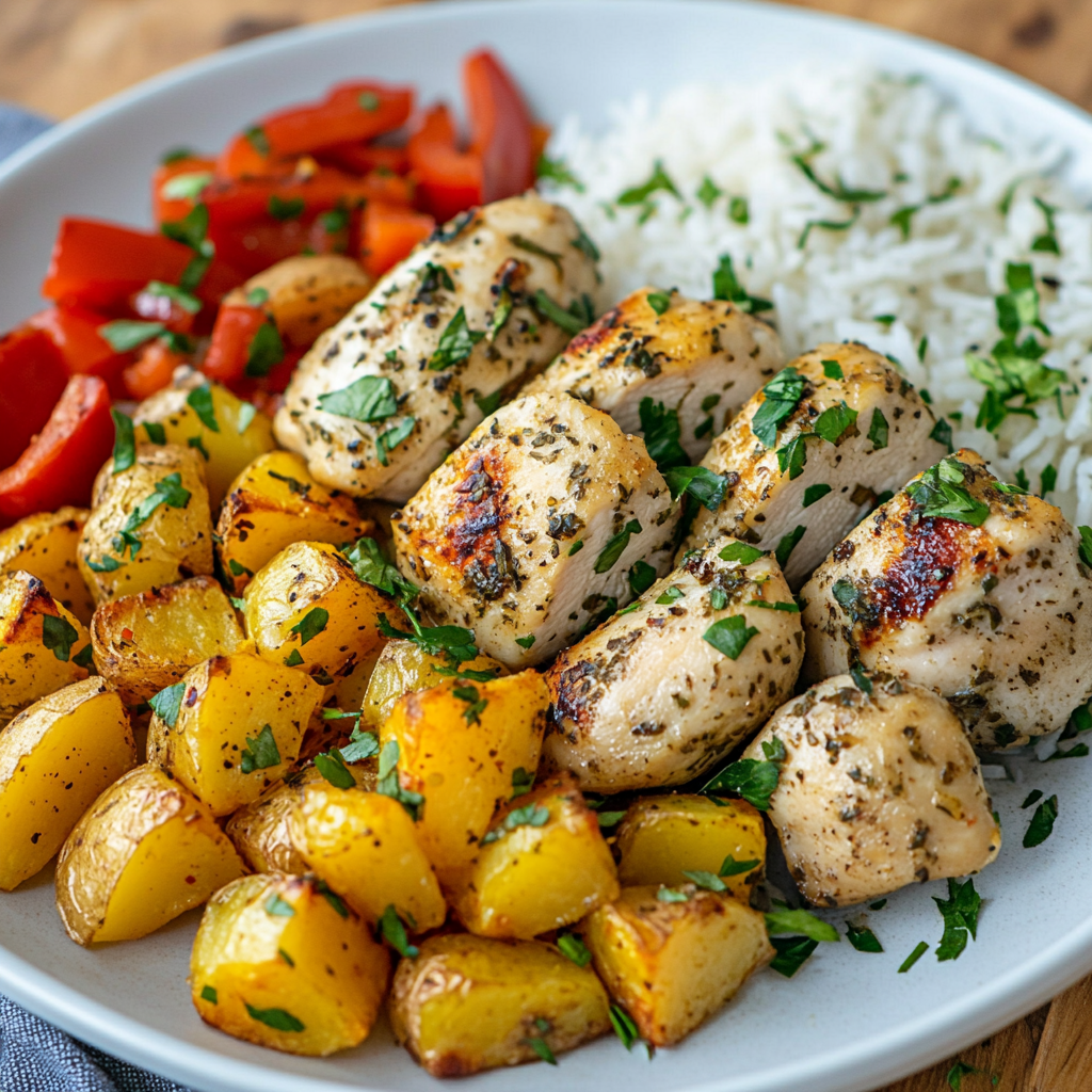 Savory Herb Chicken with Roasted Potatoes, Bell Peppers & Steamed Rice