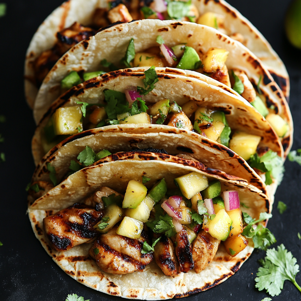 Teriyaki Chicken Tacos with Grilled Pineapple Pear Salsa