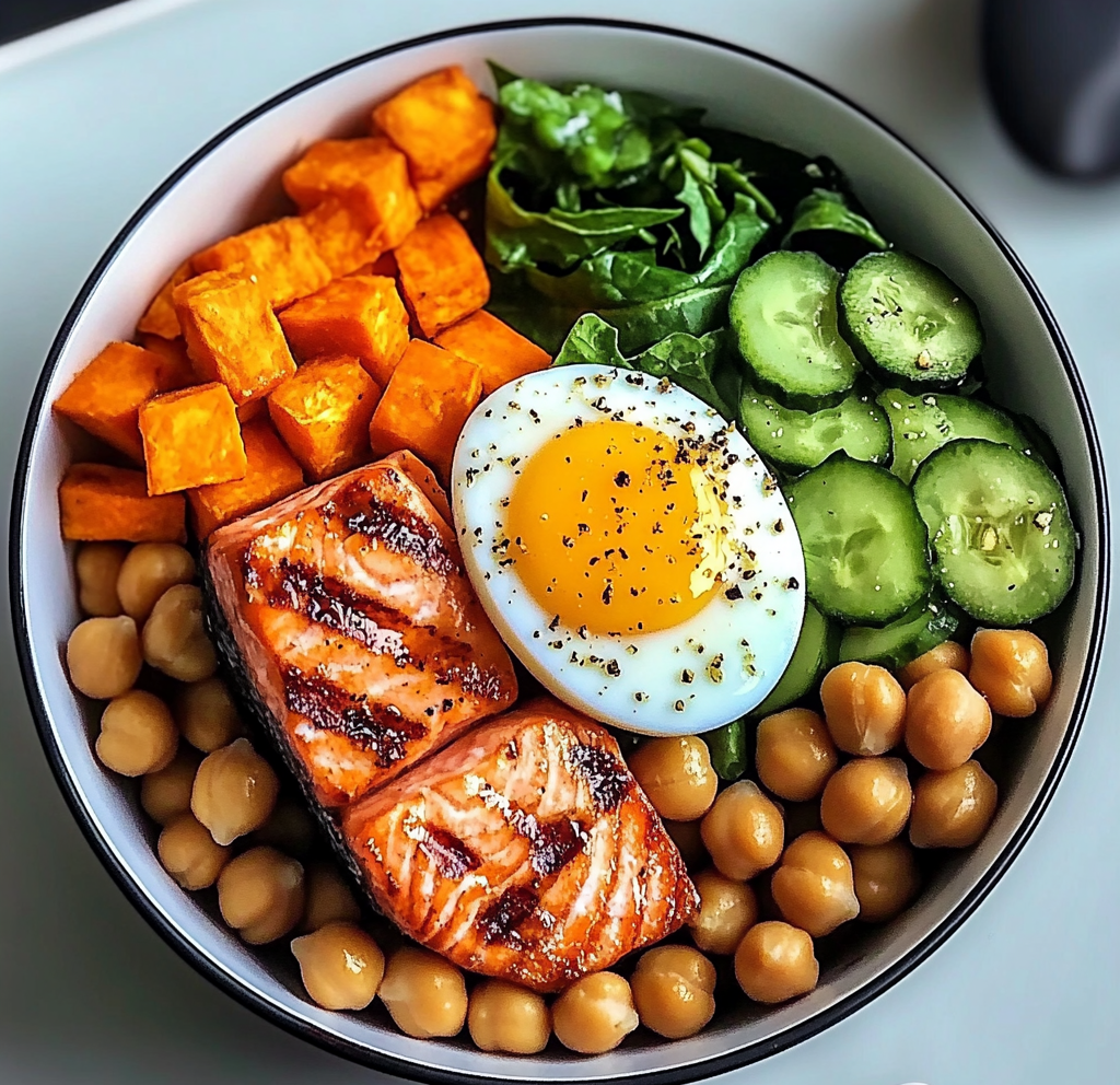 Omega Bowl: Salmon, Jammy Egg & Greens with Chickpeas & Sweet Potato
