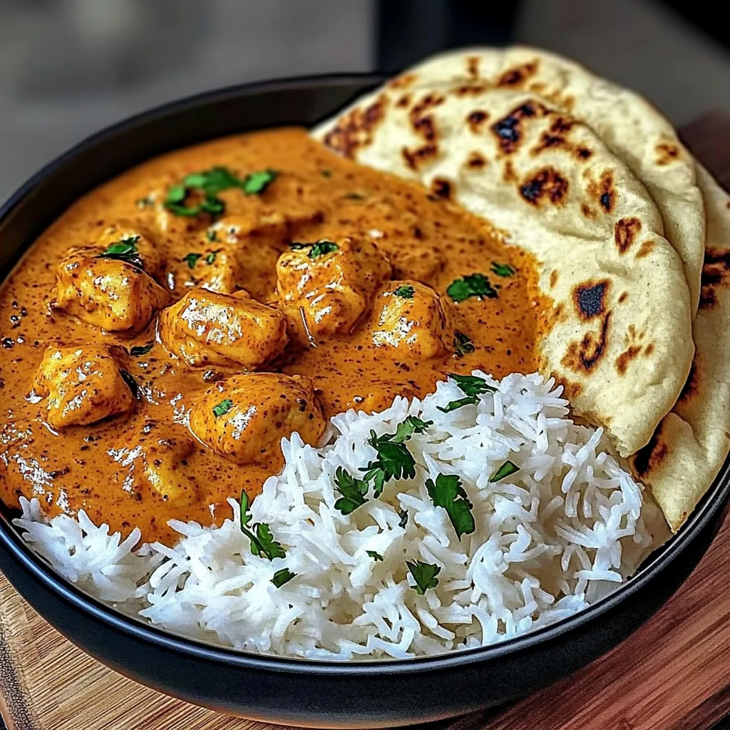 Butter Chicken with Coriander, Rice, and Naan