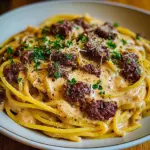 Cajun Beef Spaghetti in Creamy Three-Cheese Parmesan Sauce