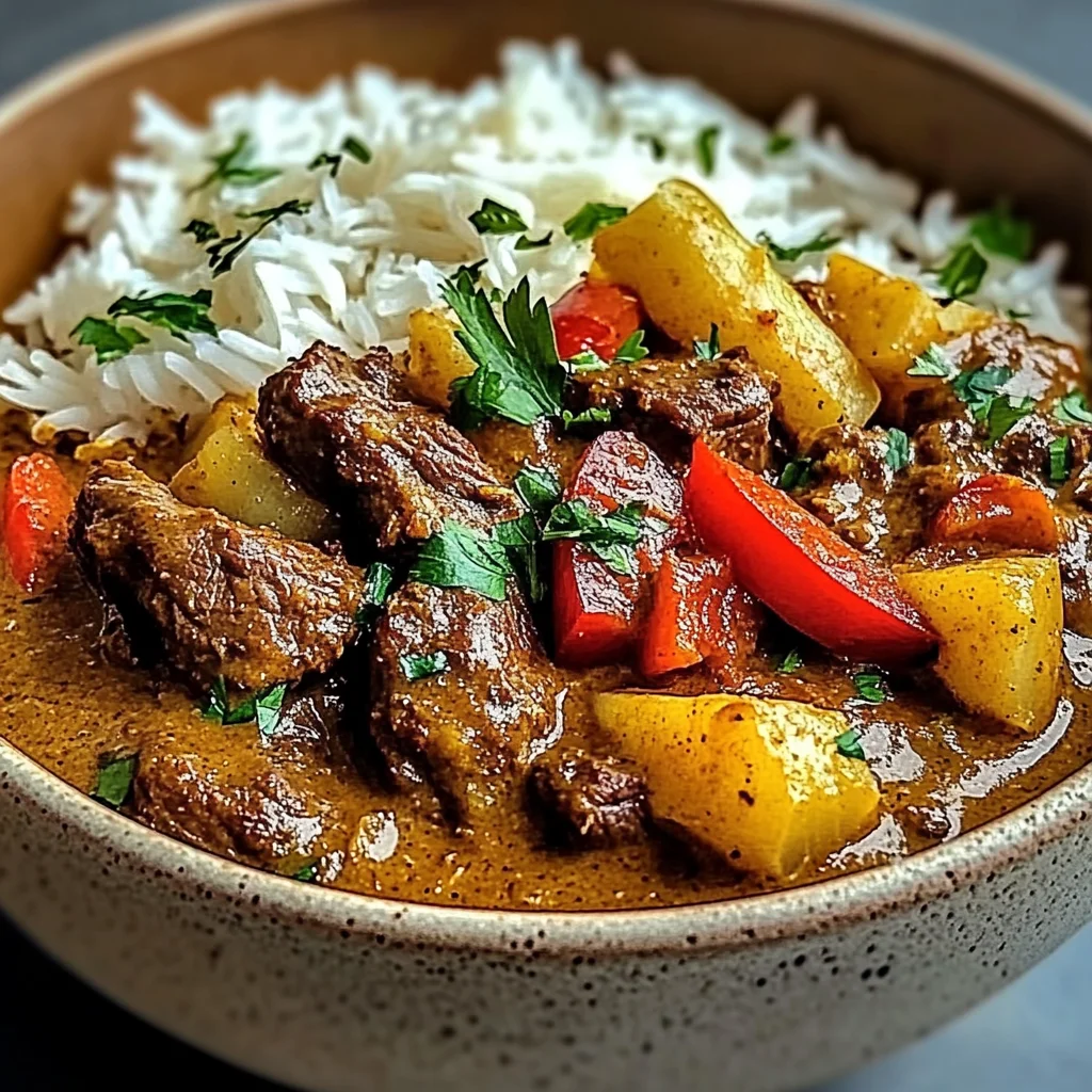Creamy Coconut Curry Beef with Garlic Naan & Fries