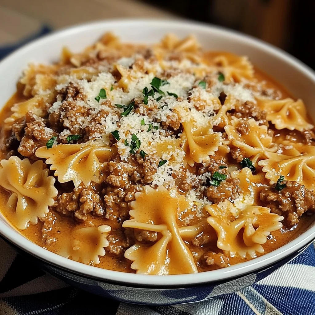 Garlic Parmesan Bowtie Pasta with Creamy Beef