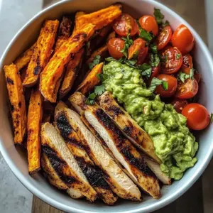 Grilled Chicken Power Bowl with Sweet Potato Fries & Guacamole