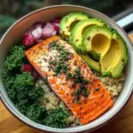 Herb-Roasted Salmon Bowl with Quinoa Kale Salad & Avocado