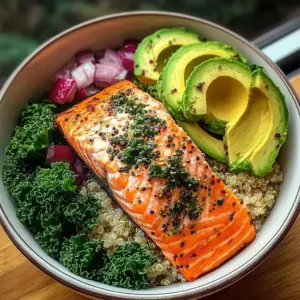 Herb-Roasted Salmon Bowl with Quinoa Kale Salad & Avocado