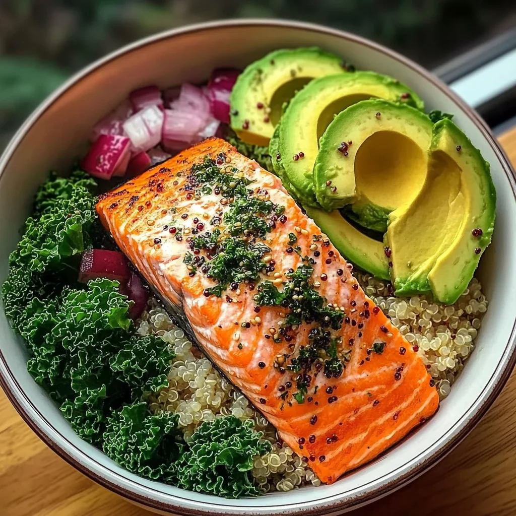 Herb-Roasted Salmon Bowl with Quinoa Kale Salad & Avocado