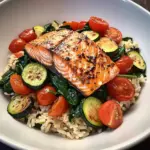 Pan-Seared Salmon on Garlic Veggie Rice Bowl