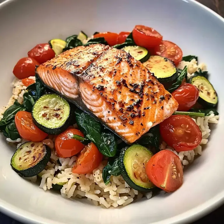 Pan-Seared Salmon on Garlic Veggie Rice Bowl