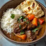 Slow-Cooked Beef in Creamy Coconut Curry with Rice and Garlic Naan