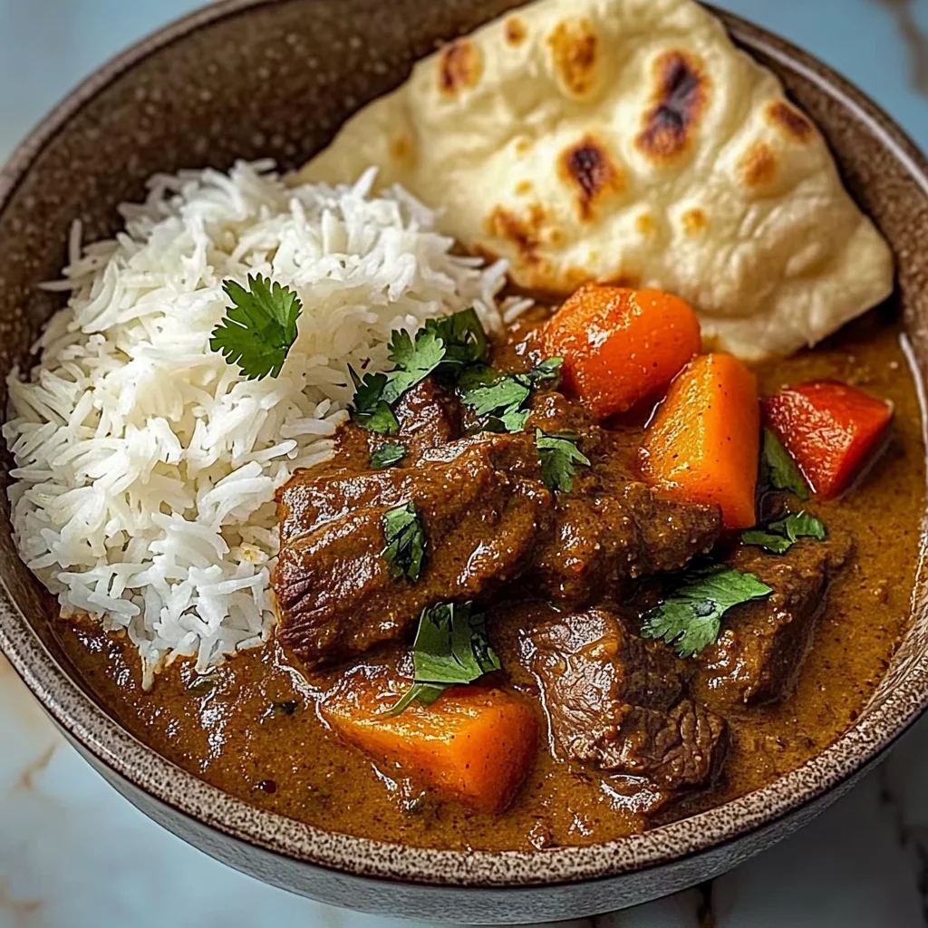 Slow-Cooked Beef in Creamy Coconut Curry with Rice and Garlic Naan