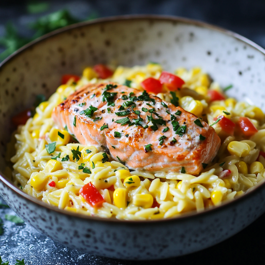 Creamed Corn Orzo with Salmon
