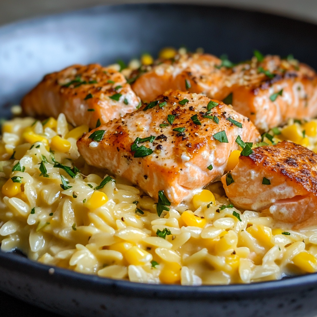 Creamed Corn Orzo with Salmon