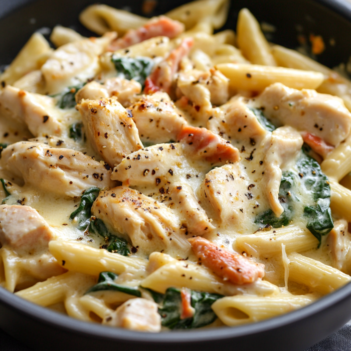 Creamy Chicken, Turkey Bacon & Spinach Pasta in Cheesy Garlic Sauce
