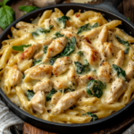 Creamy Chicken, Turkey Bacon & Spinach Pasta in Cheesy Garlic Sauce
